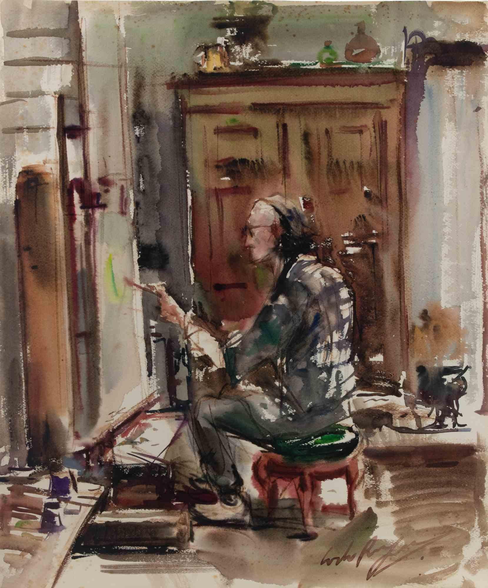The Painter Bruno Amadio in his Studio - Drawing by Carlo Ravagnan - 1961 For Sale 1