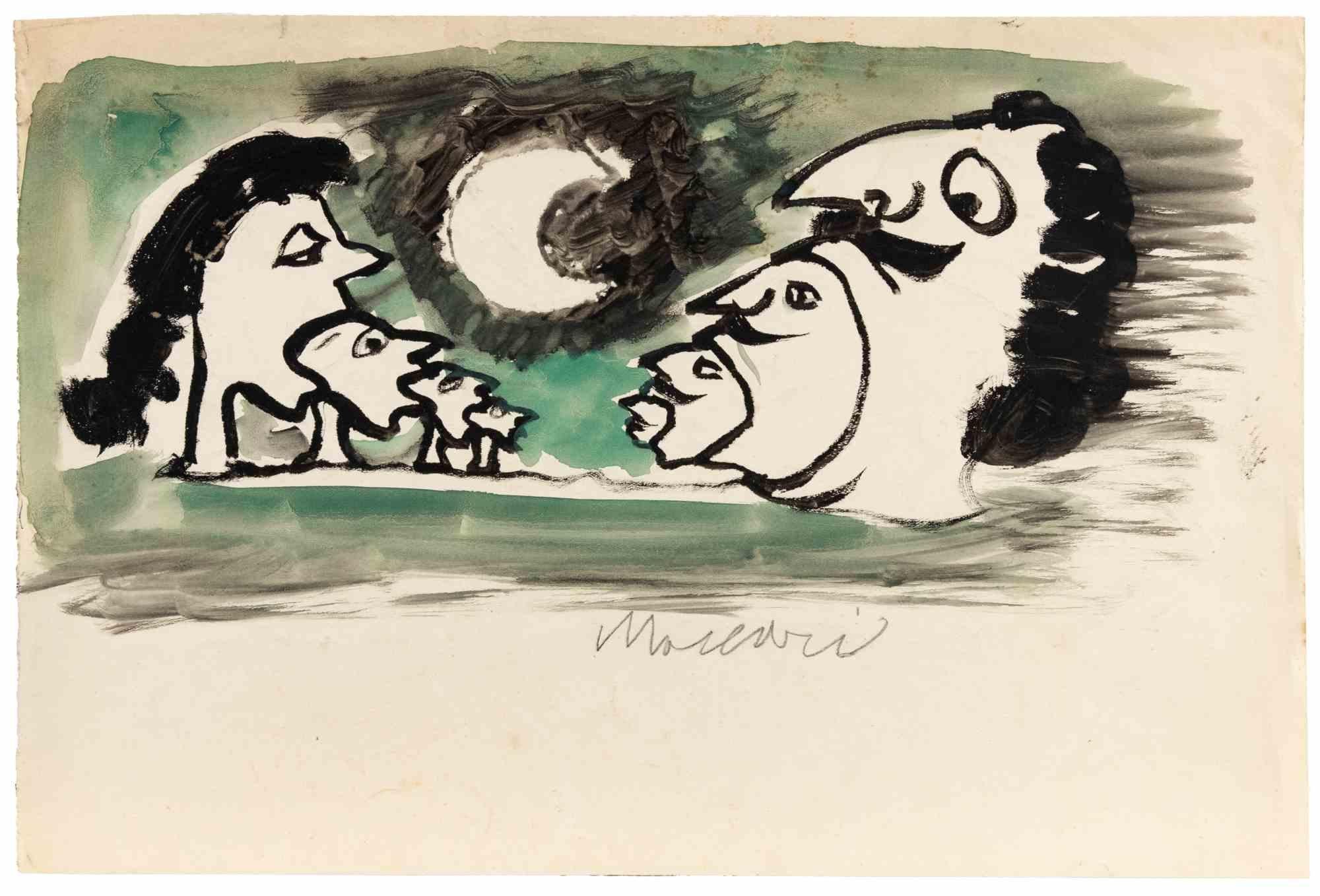 Paysage lunaire - Dessin de Mino Maccari - Années 1950 en vente 1