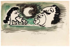Aquarellzeichnung einer Mondlandschaft, moderner Stil, signiert, 1950er Jahre