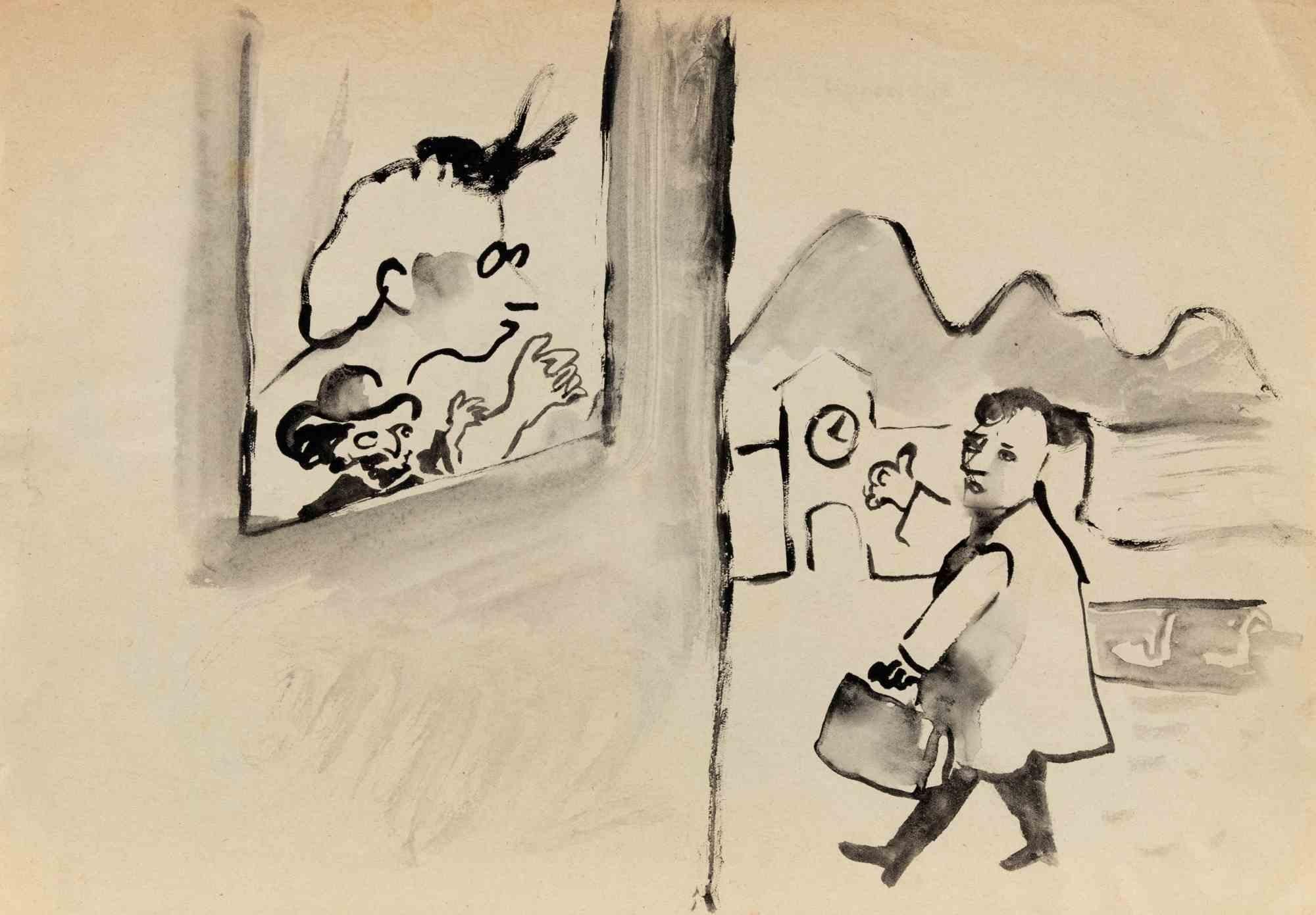 Une belle et splendide aquarelle sur les deux côtés de la feuille réalisée par Maccari dans les années 1930.

Il représente des voyageurs dans différents lieux, avec une touche satirique et une magnifique qualité de dessin.

Signé à la main.

Très