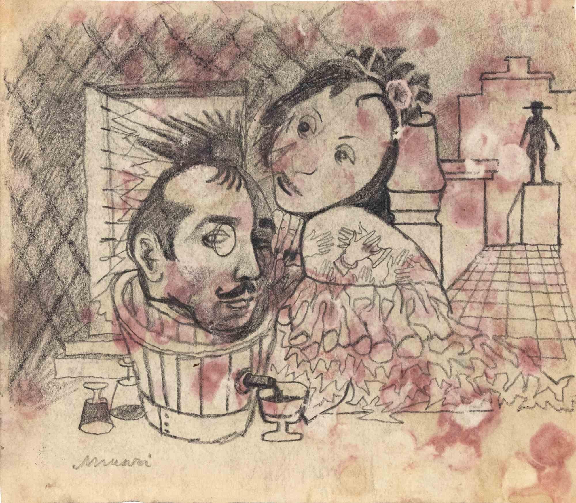 Disegno a carboncino e acquerello su carta (disegnato sul retro di uno zaino) realizzato da Mino Maccari negli anni Quaranta.

Firmato a mano a matita in basso a sinistra.

Ottime condizioni.