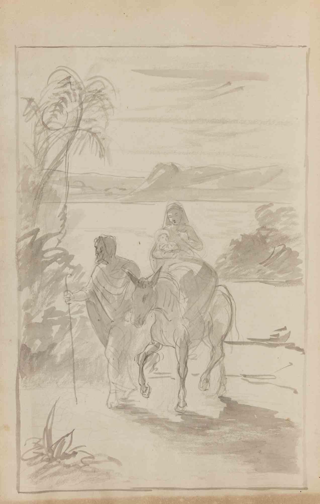 Unknown Figurative Art - The Flight into Egypt- Drawing - 1930s