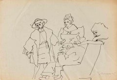 Padre e figlie - Disegno di Mino Maccari - anni '40