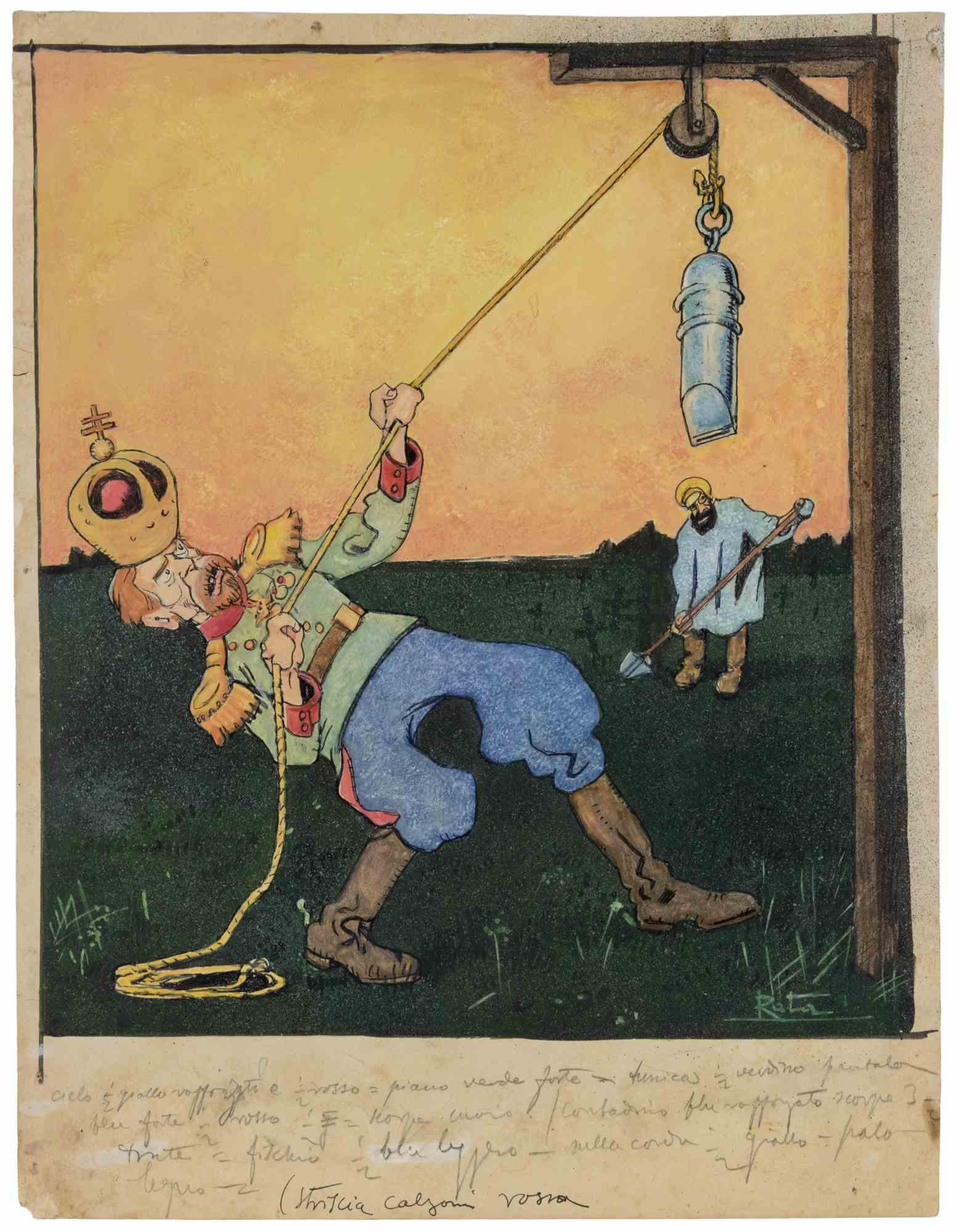 Pull the Rope - Drawing by Gabriele Galantara - Early 20th Century