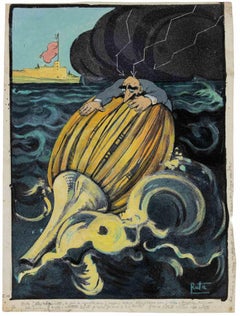 A Bottle in the Sea - Drawing by Gabriele Galantara - Early 20th Century