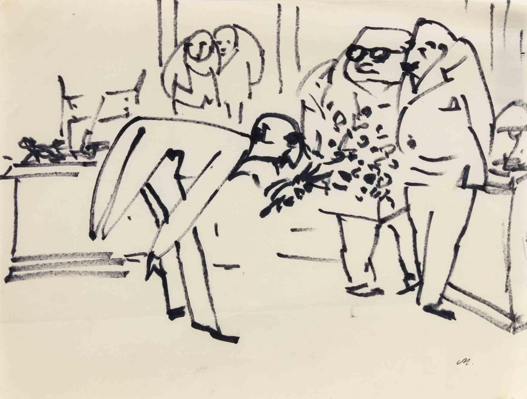Schwarzer Markierstift auf Papier von Mino Maccari aus den 1960er Jahren.

Rechts unten handmonogrammiert.

Sehr guter Zustand.