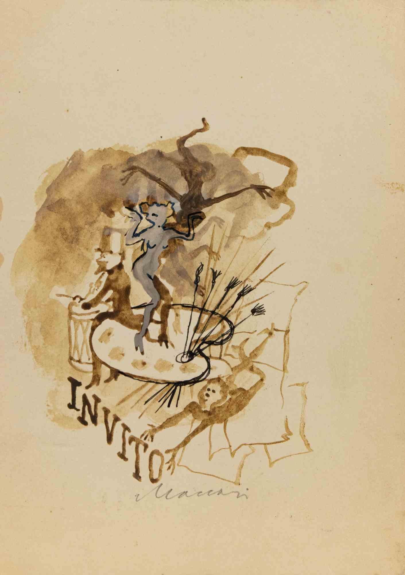 Watercolor on paper by Mino Maccari, realized in 1950.

Hand signed in pencil in the lower center.

On the back: cover of the book "Poesie" by Gabriele Armandi".

Very good condition.