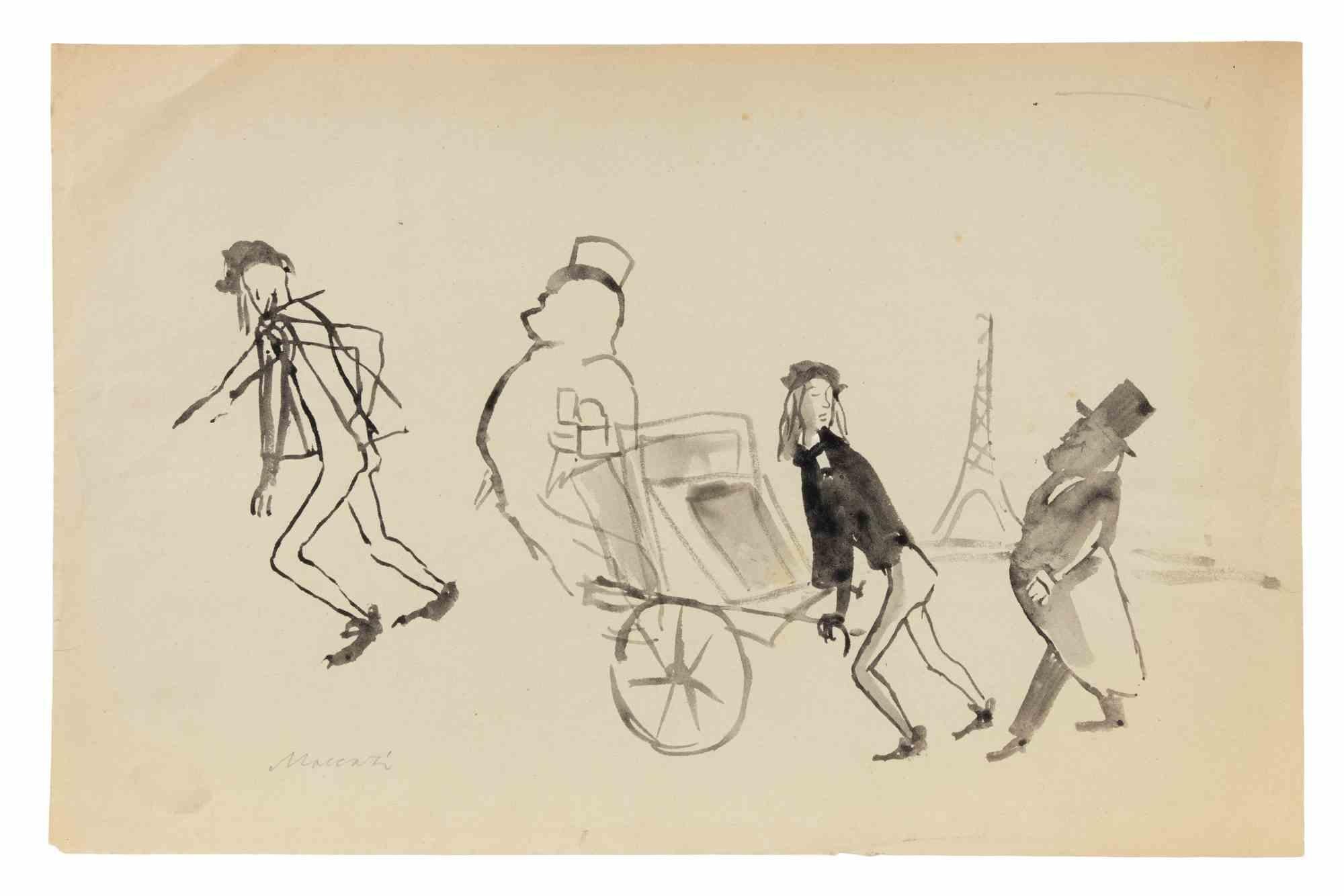 Souvenir de Paris - Drawing by Mino Maccari - 1950s For Sale 1