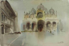 Vintage View of Piazza San Marco, Venice - Drawing by Carlo Ravagnan -  1970s