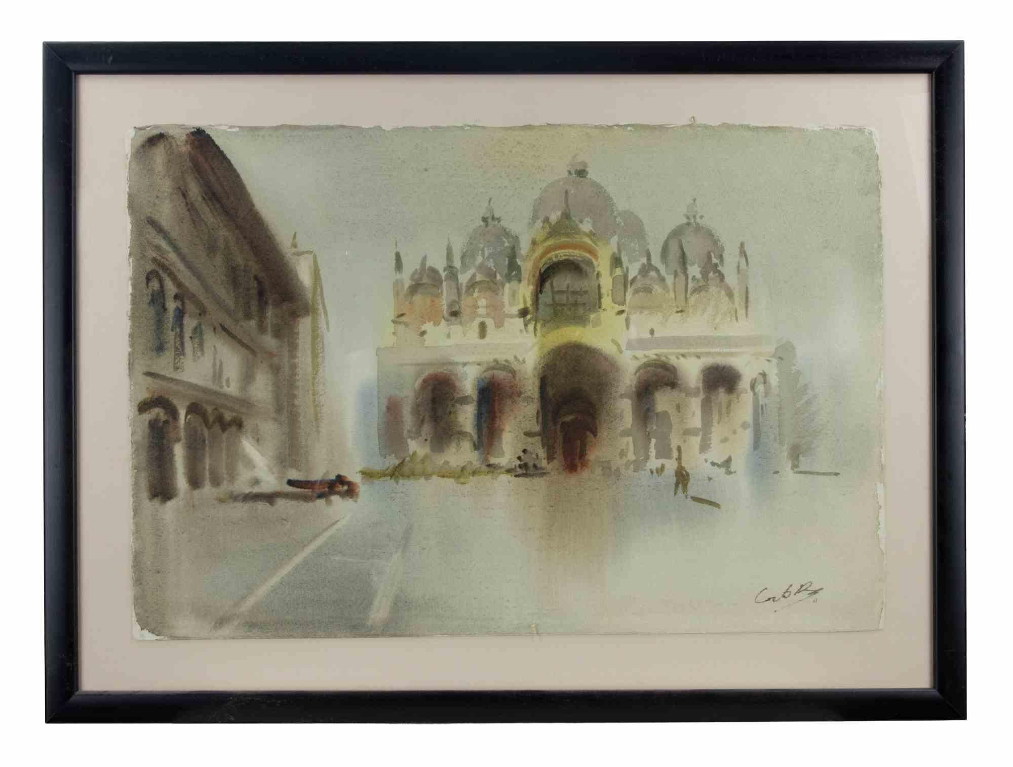 View of Piazza San Marco, Venice - Drawing by Carlo Ravagnan -  1970s For Sale 1