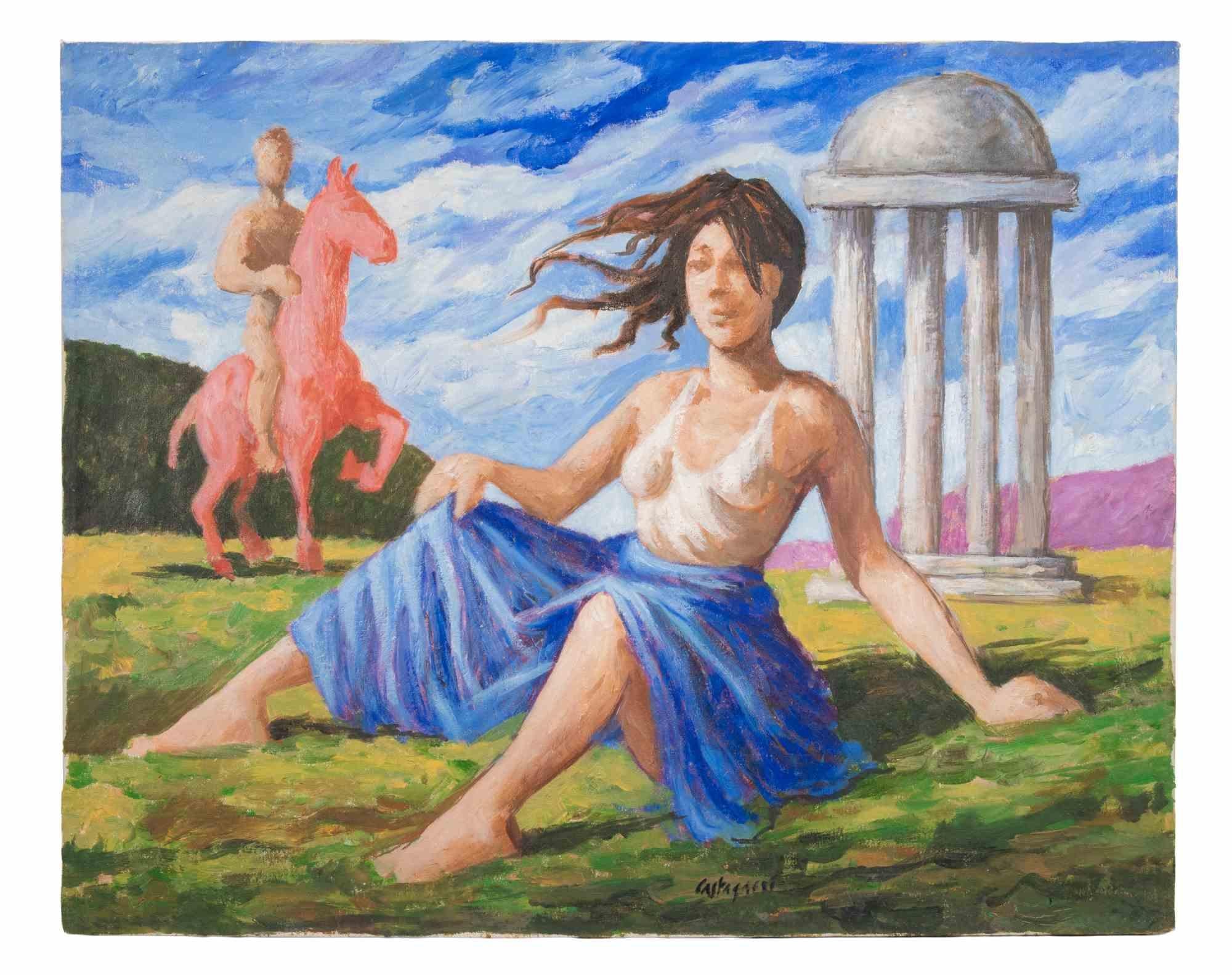 Dans la campagne - Peinture à l'huile de Lucio Castagneri - 1990 en vente 4
