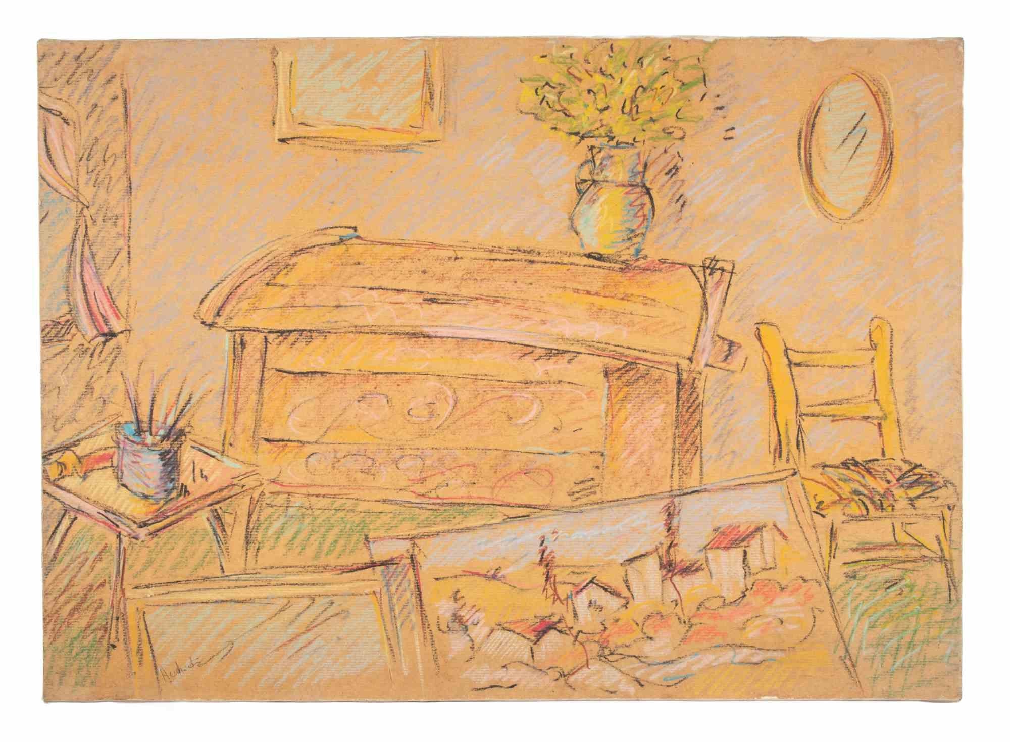 Pencil and pastel on paper mounted on canvas.

Hand signed, undreadable. Includes a contemporary wooden frame.

Very good condition.