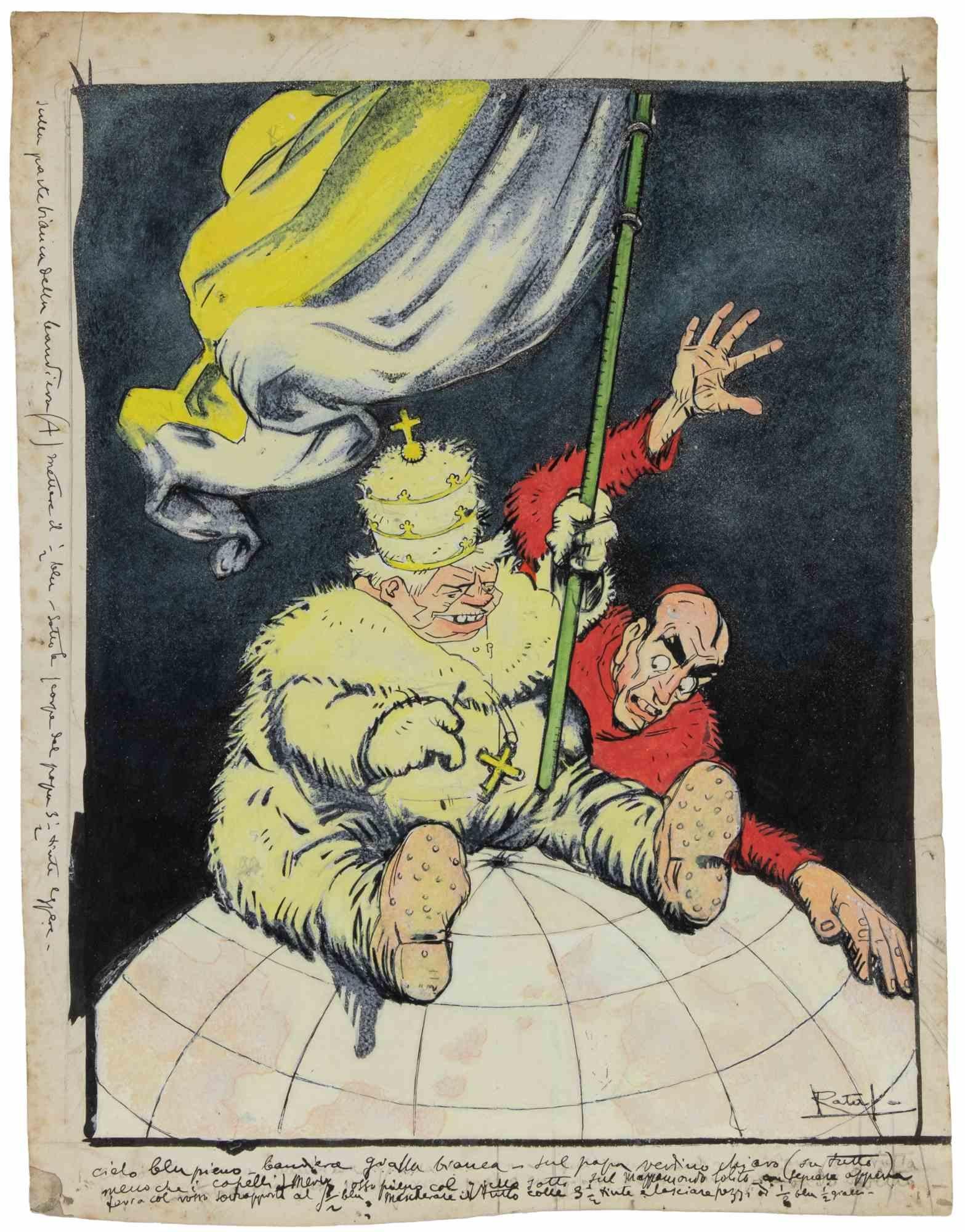 The Pope and the globe is a modern artwork realized by Gabriele Galantara (1865-1937) in 1909.

Watercolor, tempera, ink and pencil on paper. Hand signed on the right margin.

Good conditions and aged with a small tear on the right and