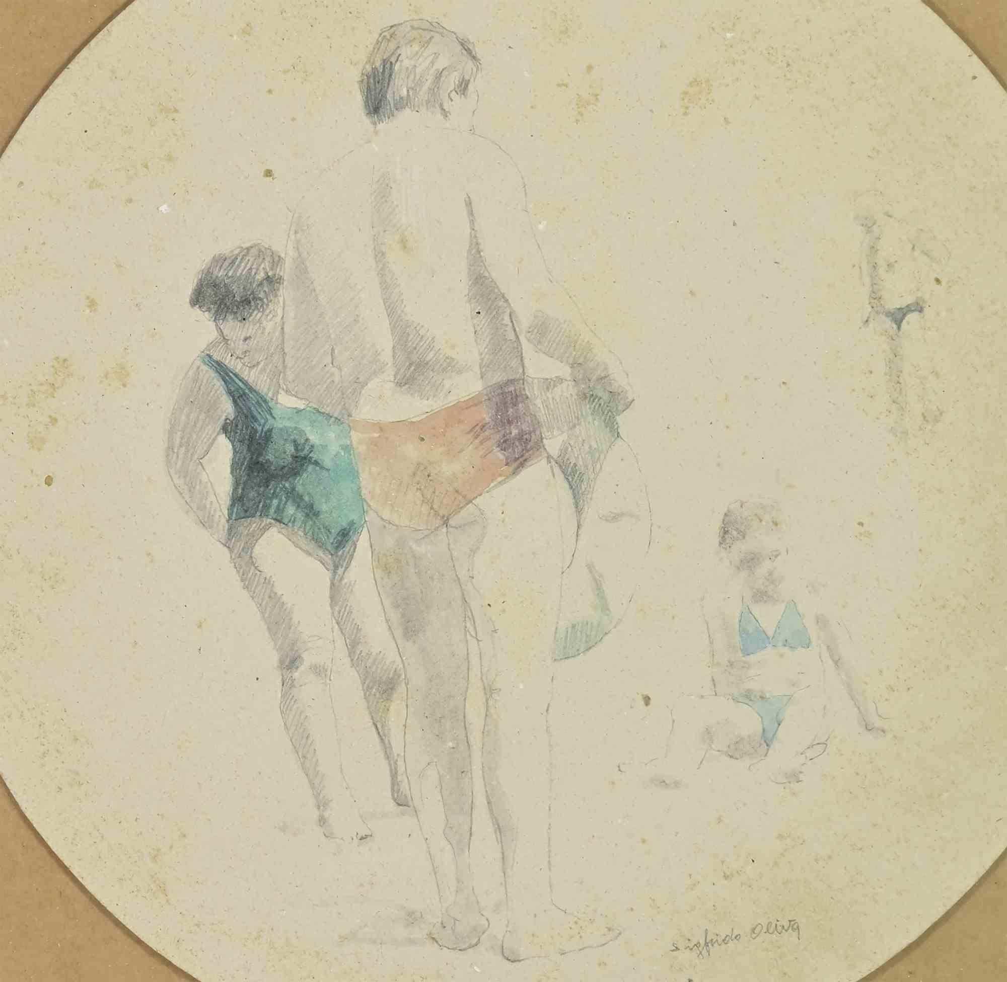 Am Strand - Zeichnung von Sigfrido Oliva - 1980er Jahre im Angebot 2