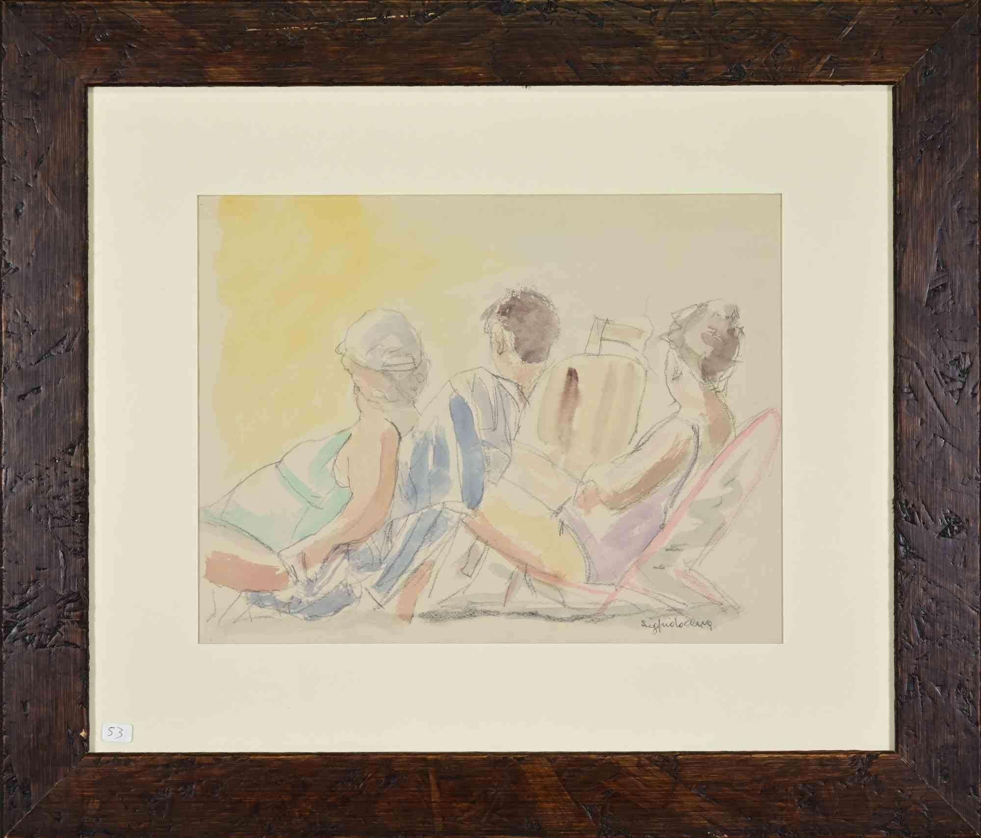 Am Strand - Zeichnung von Sigfrido Oliva - 1980er Jahre im Angebot 1