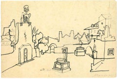 Una ciudad en el campo - Dibujo de Mino Maccari - Años 60