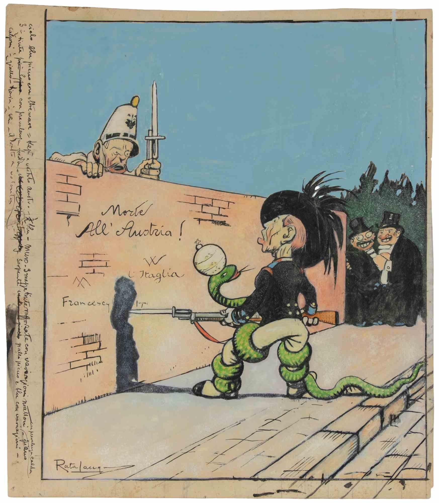 The "Bersagliere" and the snake is a modern artwork realized by Gabriele Galantara (1865-1937) in 1908.

Watercolor, tempera, ink and pencil on paper. Hand signed on the left margin.

Good conditions and aged with foxing.

Gabriele Galantara