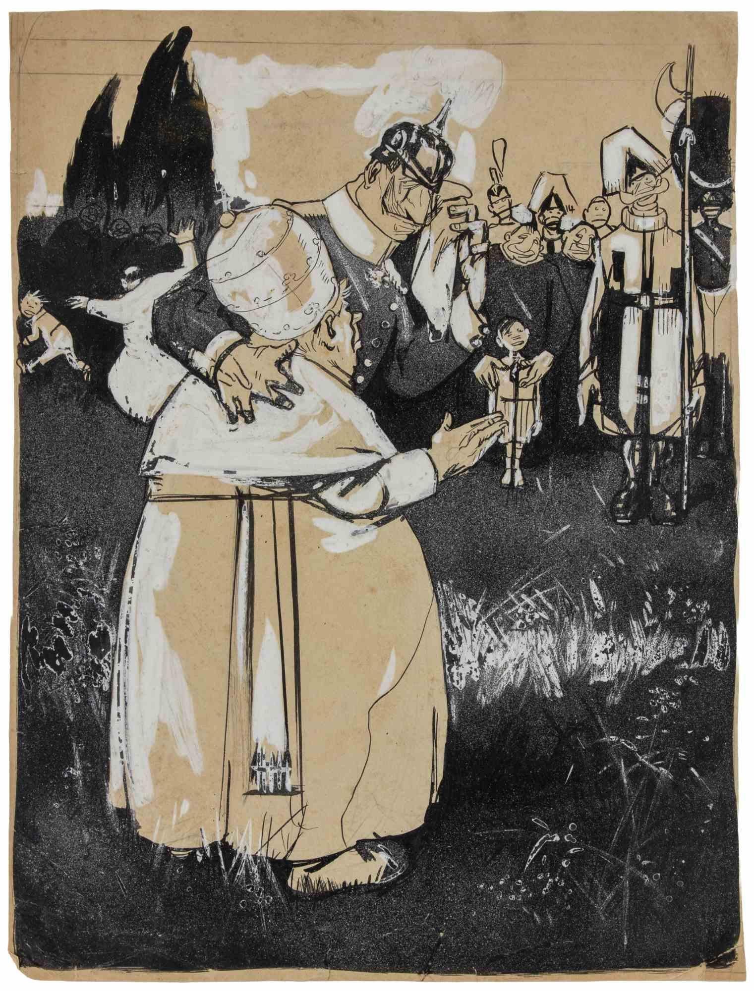 The Pope's Visit  is a modern artwork realized by Gabriele Galantara (1865-1937) in 1908.

Watercolor, tempera, ink and pencil on paper.

Good conditions and aged with foxing.

Gabriele Galantara (1865-1937) was a journalist and one of the leading