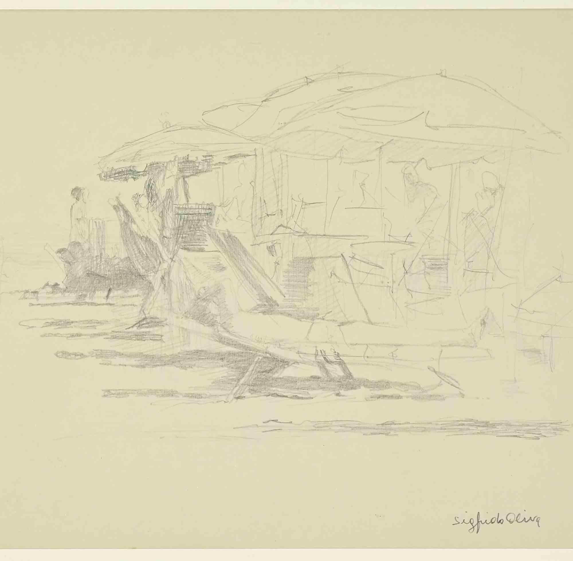 En la Playa - Dibujo de Sigfrido Oliva - Años 80 en venta 1