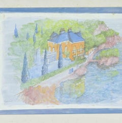 Dibujo de paisaje, lápiz y acuarela sobre cartón, firmado, década de los 80
