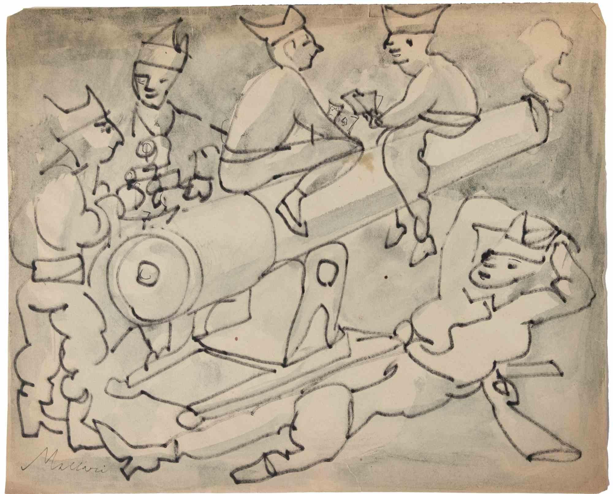 Soldiers - Drawing by Mino Maccari - mid-20th Century