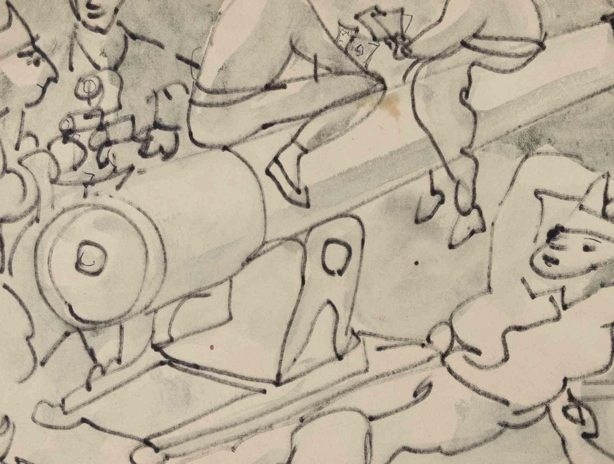 Soldats - Dessin de Mino Maccari - milieu du 20e siècle en vente 1