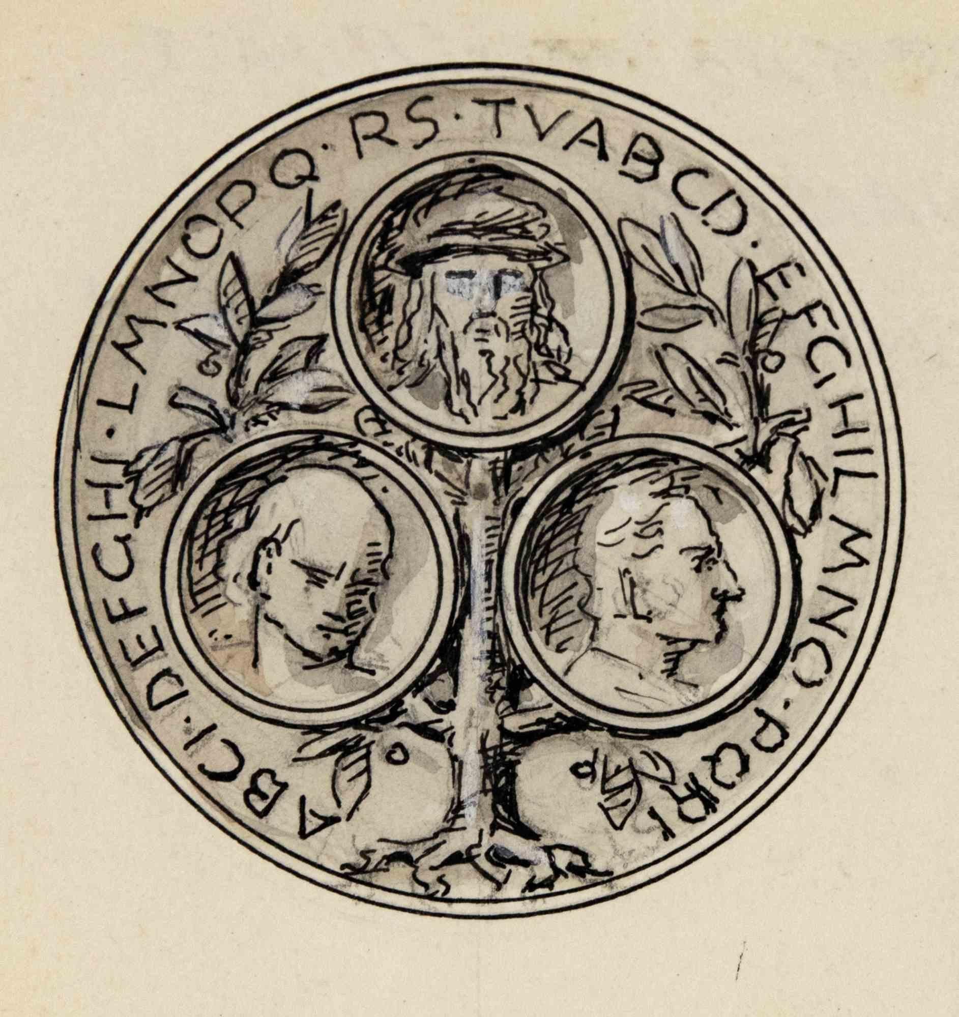 Sketch for a medal realized by Aurelio Mistruzzi in 1930s.

China ink and watercolor.

Not signed, in very good condition.