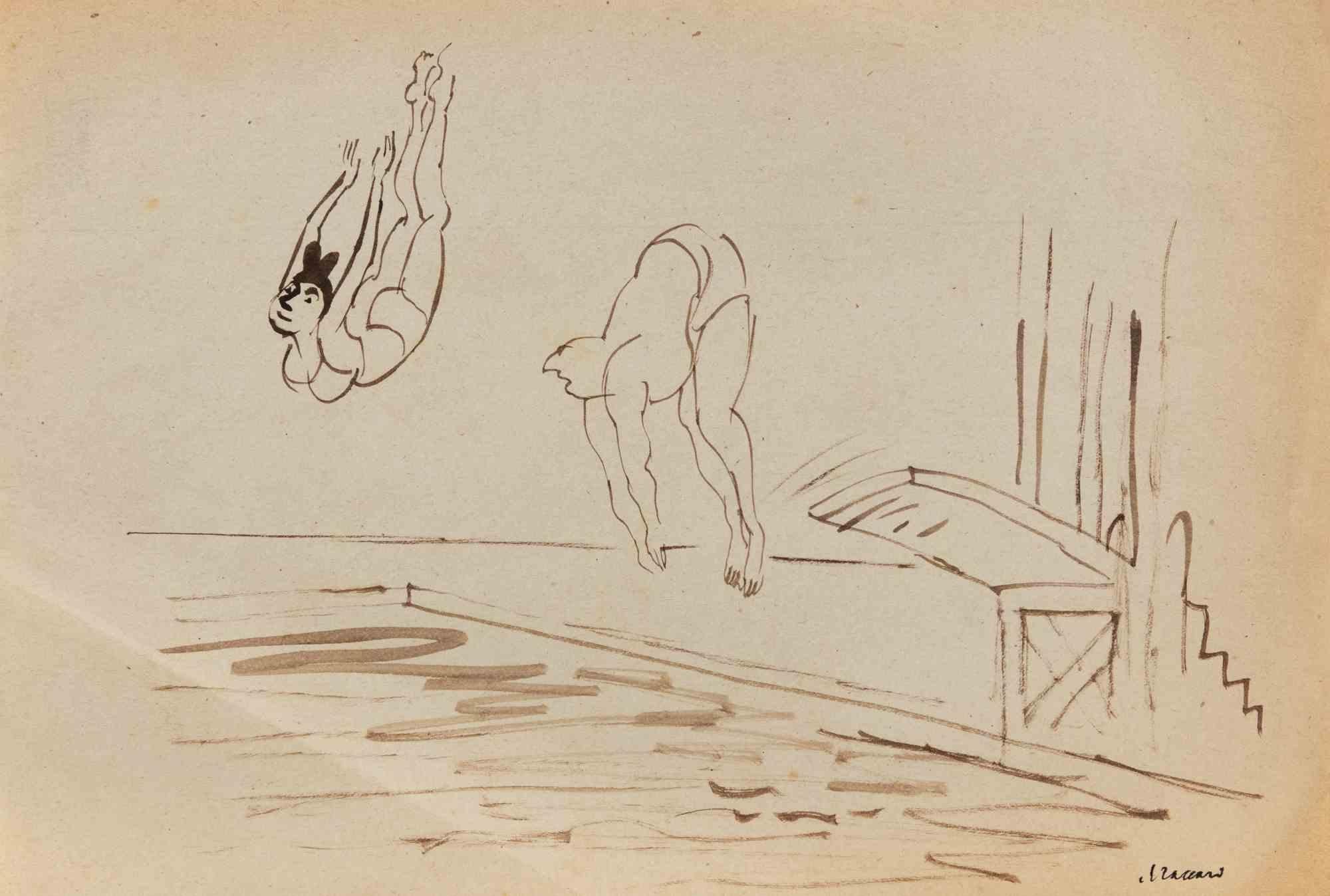 Swimmers - Drawing by Mino Maccari - 1960s