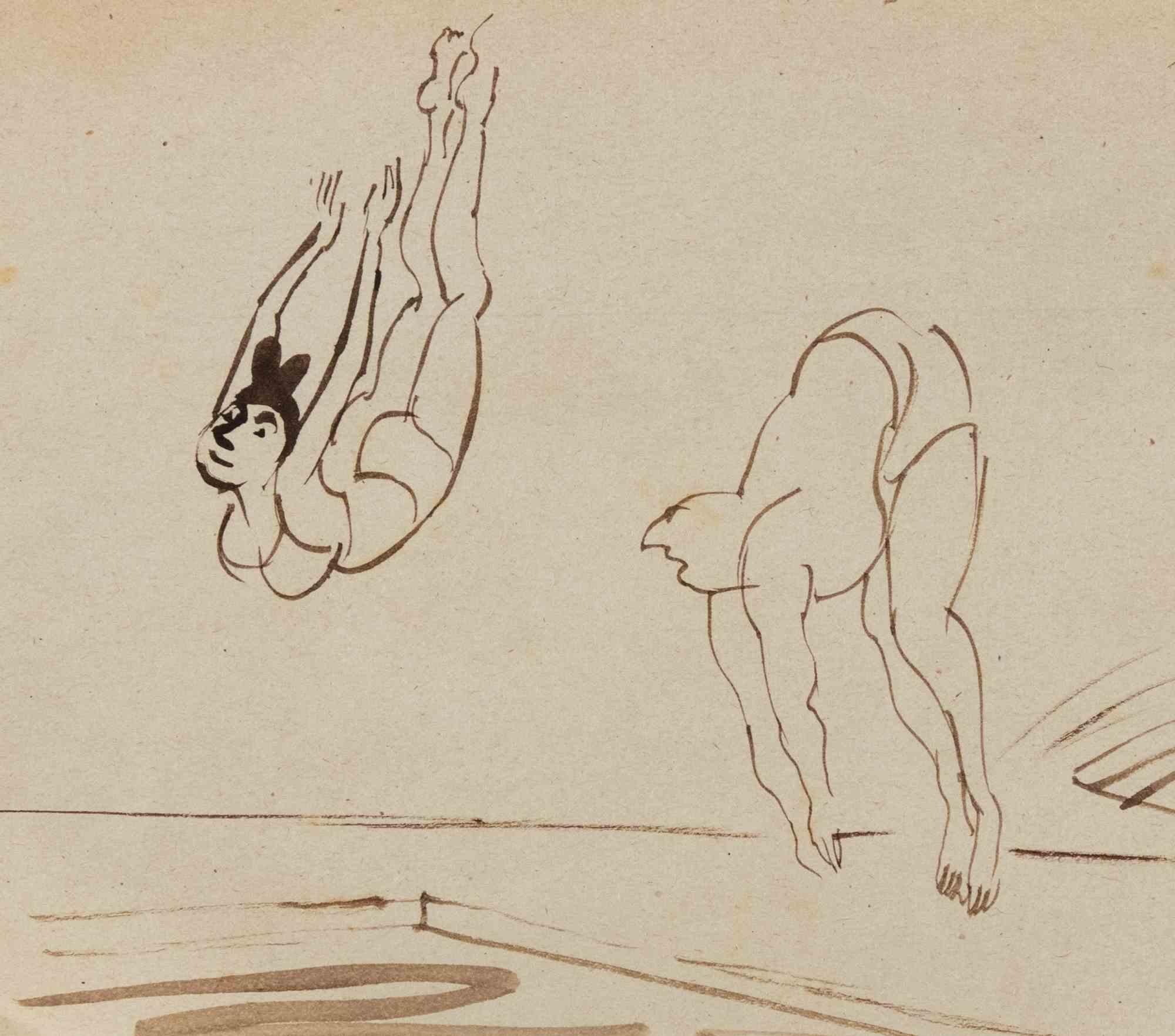 Nageurs - Dessin de Mino Maccari - années 1960 en vente 1
