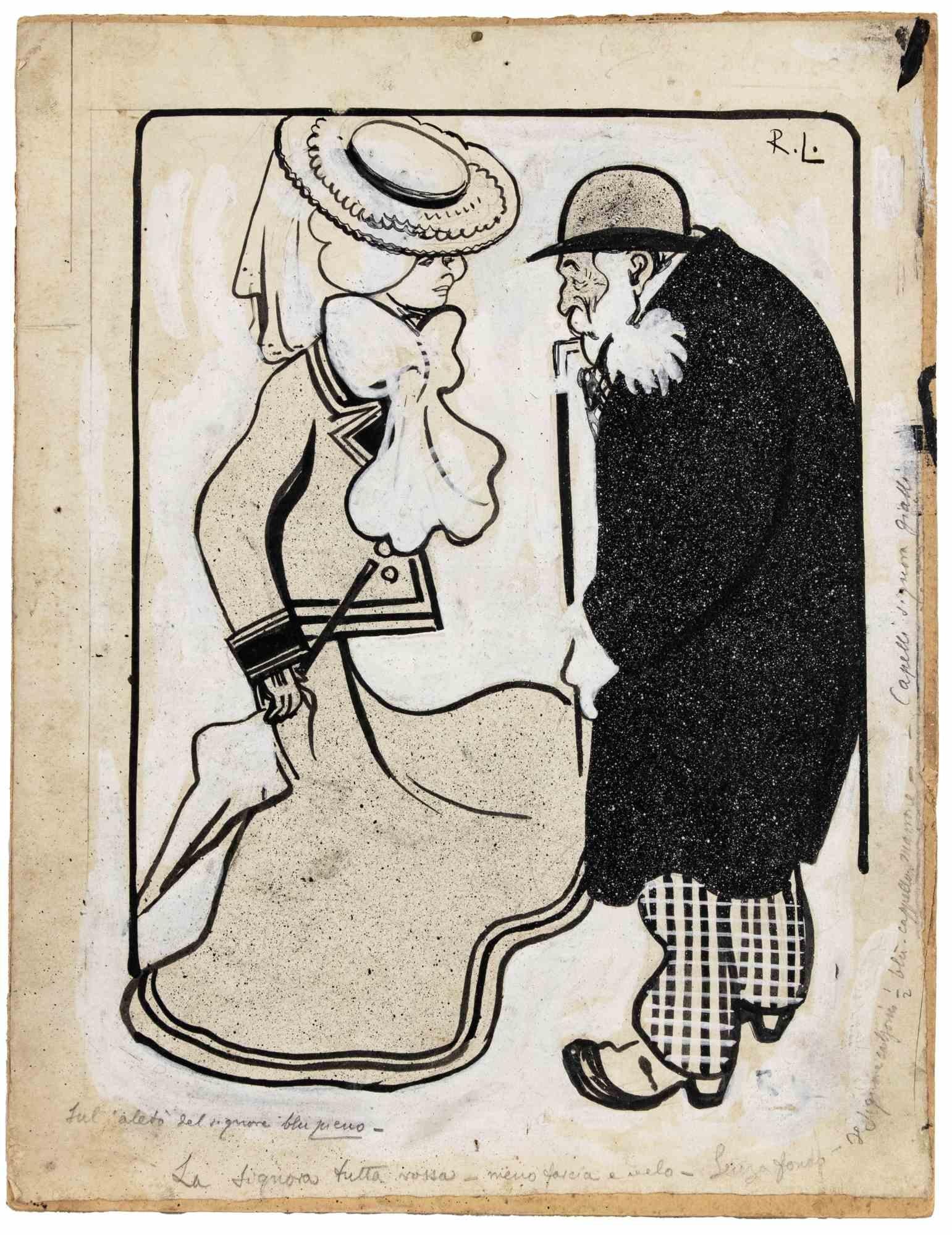 China ink and white lead drawing realized by Gabriele Galantara for "L'Asino" in the first years of 20th Century.

Hand monogrammed.

Good condition except for some stains.