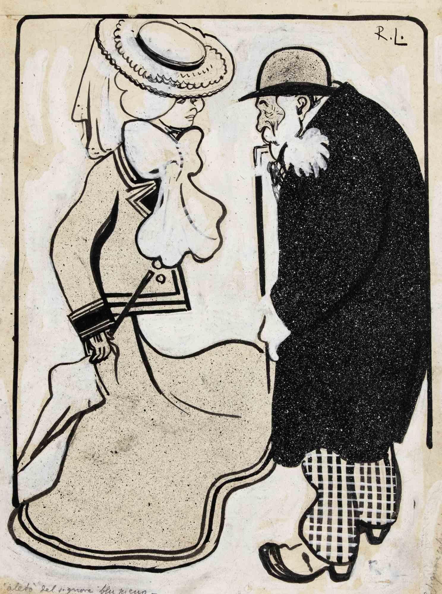 The Gentleman and the Lady - Drawing by Gabriele Galantara - Early 20th Century For Sale 1