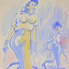 Dessin à l'aquarelle représentant des cyclistes, style moderne, signé, années 1940, non encadré