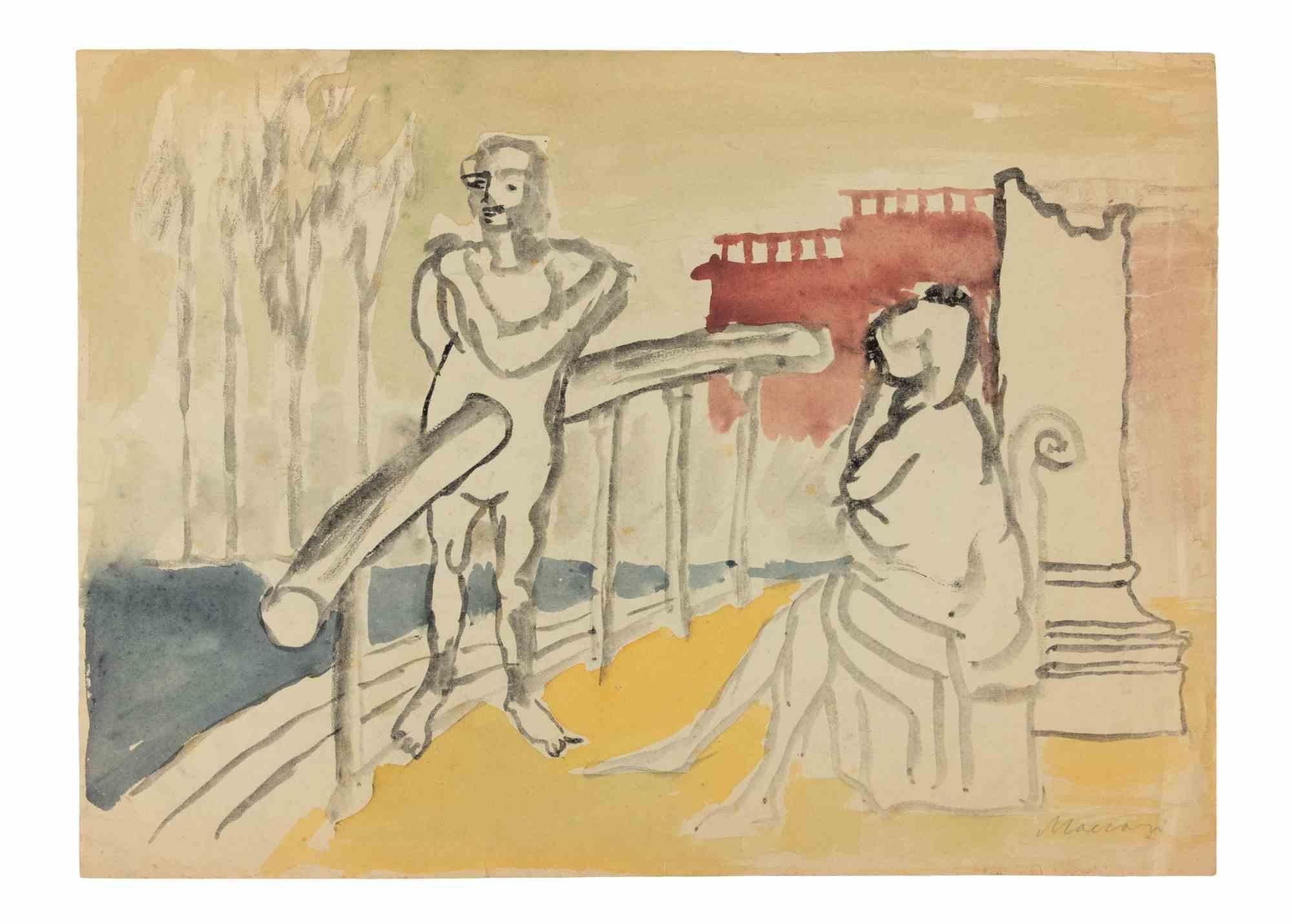The Wait - Drawing by Mino Maccari - 1940s For Sale 1