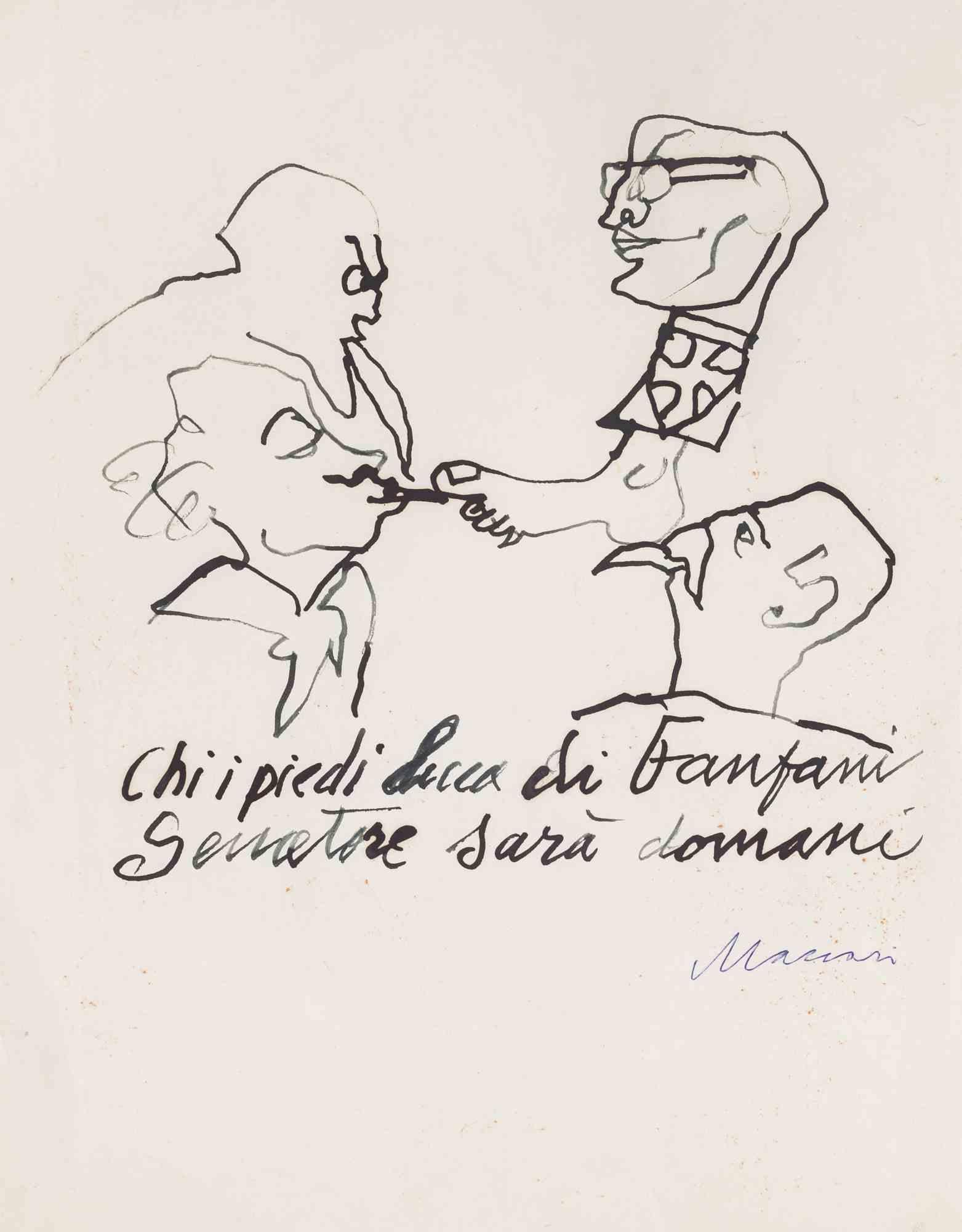 Titre original : " Chi i Piedi Lecca di Fanfani Senatore sarà Domani " (Celui qui lèche les pieds de Fanfani sera sénateur demain).

Dessin à l
encre de Chine réalisé par Maccari en 1865 ca.

Main signée en bas à droite.

Très bon état.