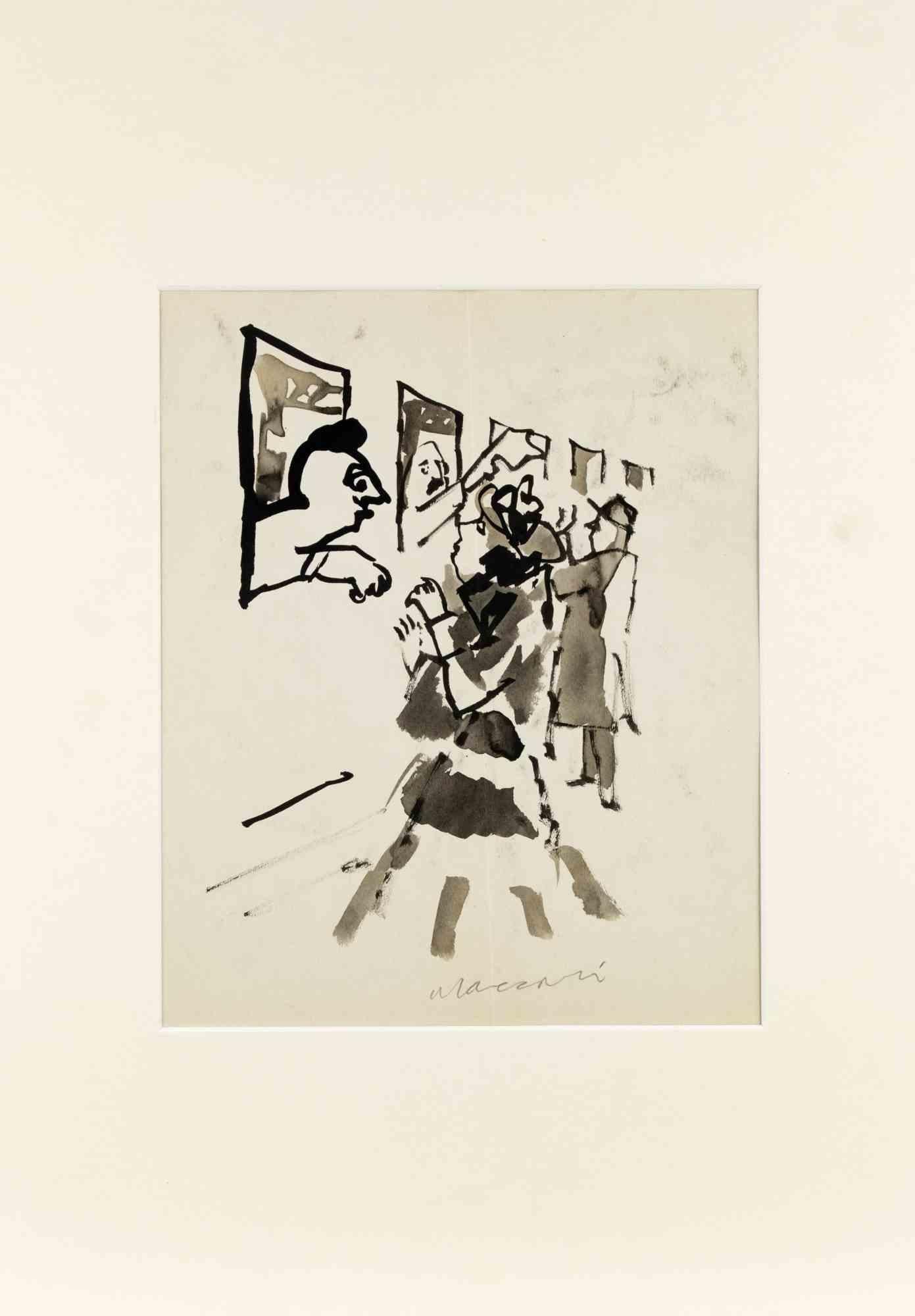 Greetings on the Railway - Drawing by Mino Maccari - 1950 ca For Sale 1