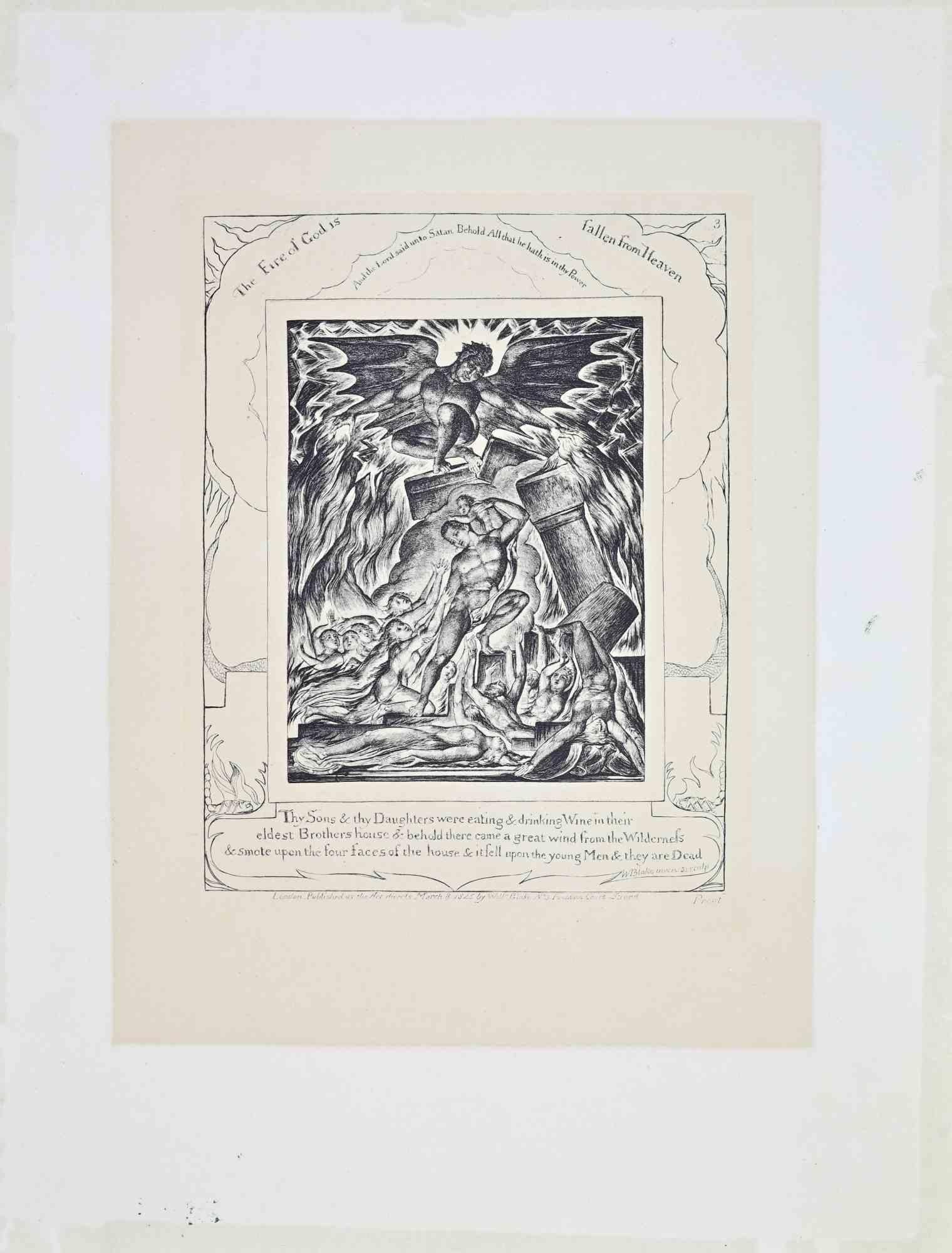 Etching on laid paper realized by William Blake in 1825.

Image dimension: 20x15 cm.

Sheet dimension: 38.5x29.4 mm.

Plate no. 3 of 22 of  from "The Book of Job".

This edition is probably from the second reprint of 65 copies, as it lacks the