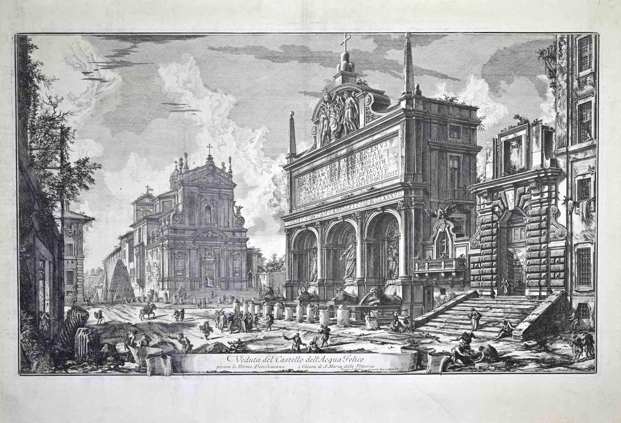 Veduta del Castello dell'Acqua Felice... Etching by Giovan B. Piranesi - 1875