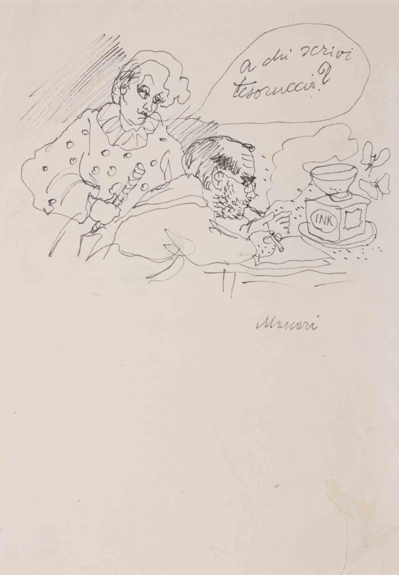 Pen drawing on paper realized by Mino Maccari in 1960 ca.

Hand signed lower right.

Very good condition except for a stain and a rip in the lower right edge.