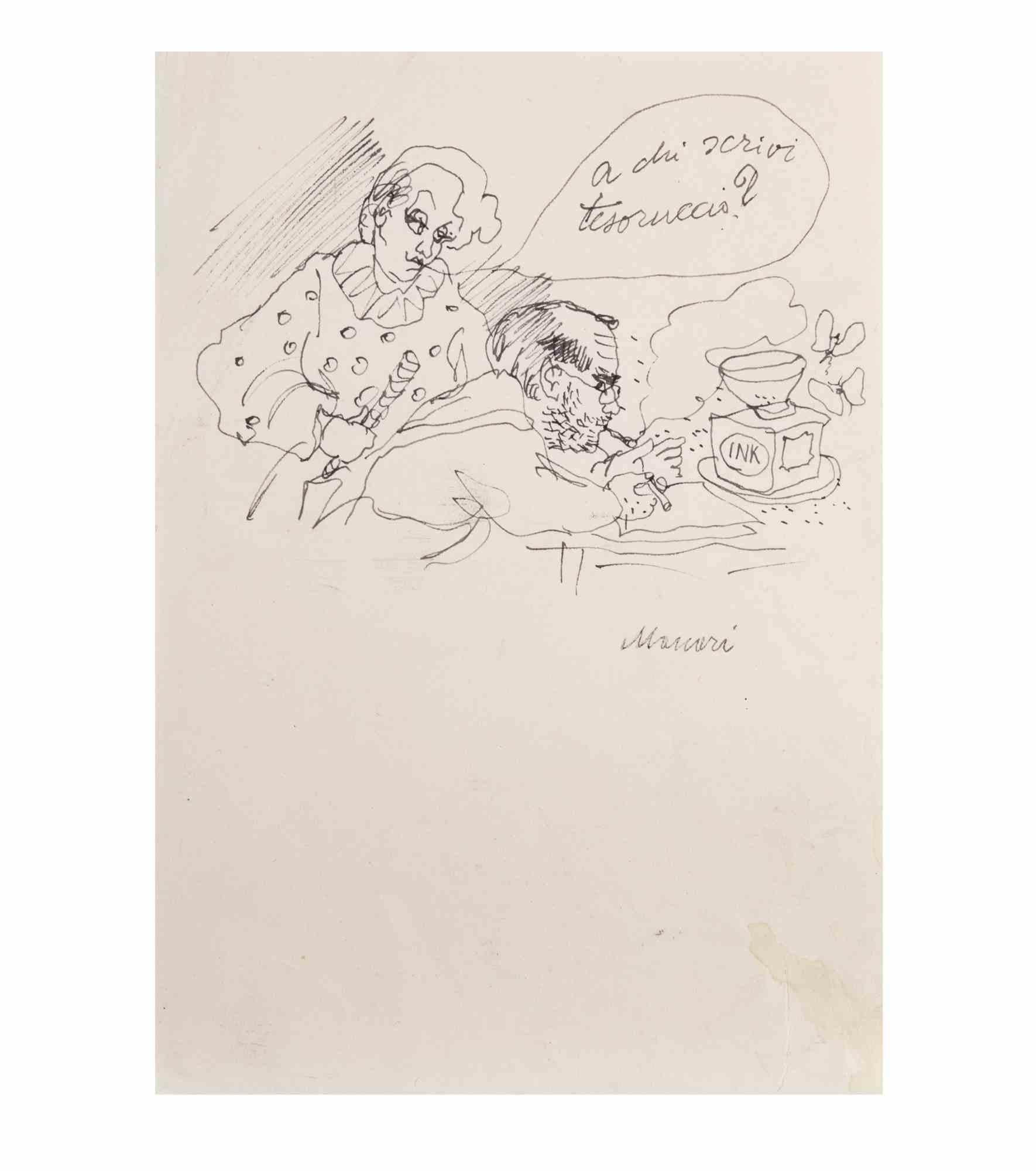 Who are you writing to, darling? - Drawing by Mino Maccari - 1960ca For Sale 1