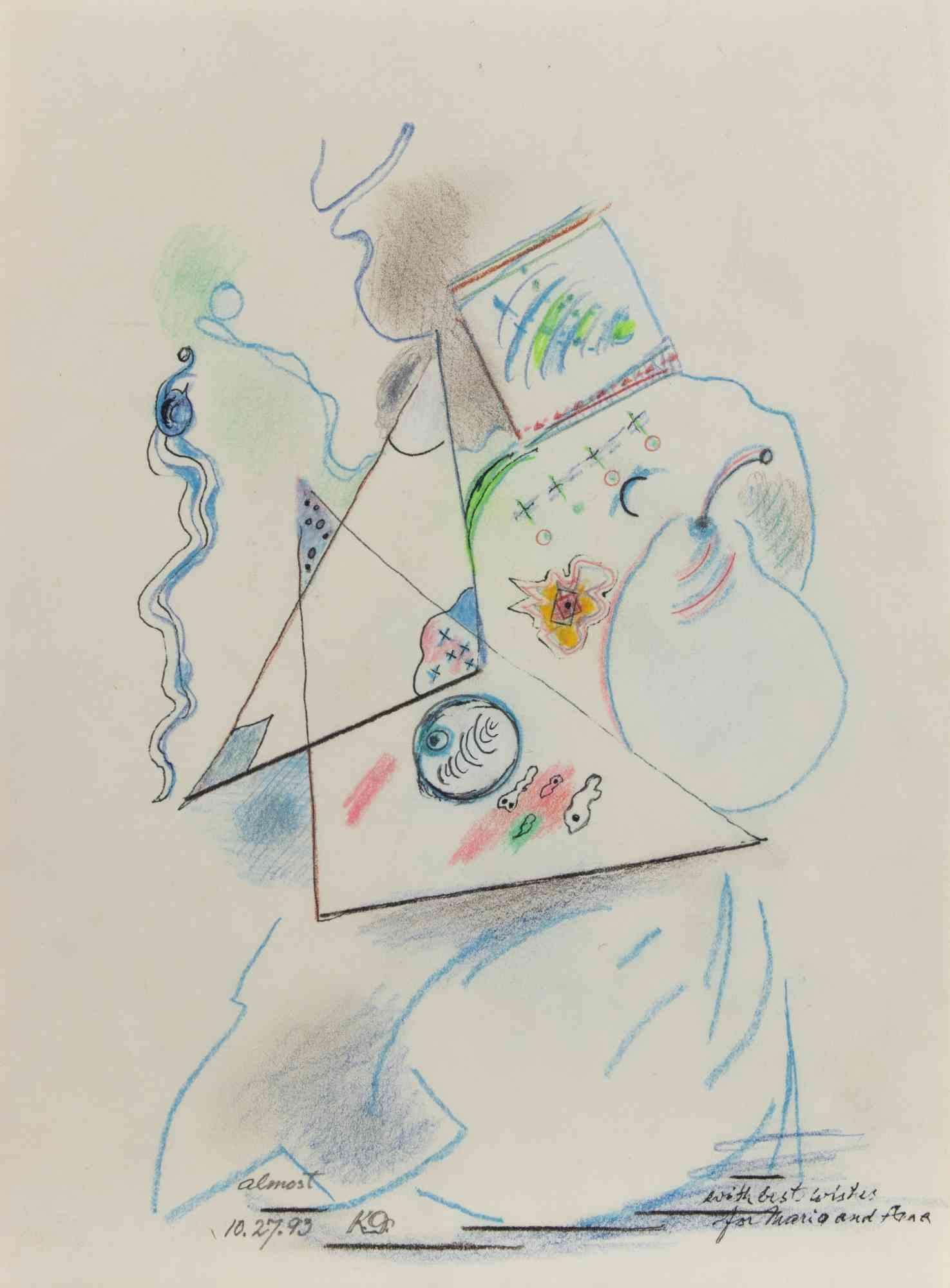 Mixed media on paper (ink, pastel and watercolor), realized by Kurt Delbanco in 1993.

Hand monogrammed and dedicated.

Excellent condition.