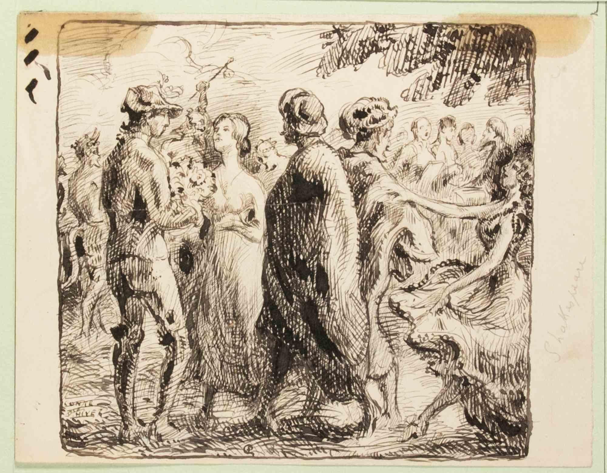 China ink drawing realized by P.E. Colin in the early years of 20th Century.

Ilustration for Shakespeare
s "The Winter Tale".

Good condition with some stains and minor foxing.

Monogrammed by the Artist lower right.