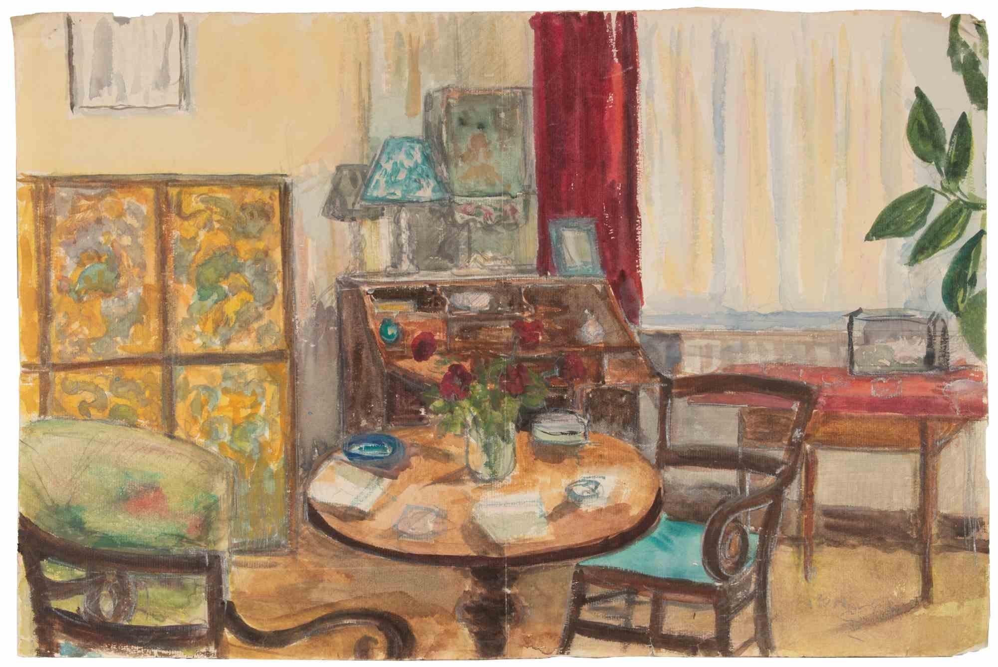 Pencil and watercolor drawing realized by Suzanne Soutra in the mid-20th Century.

Not signed.

Good condition.