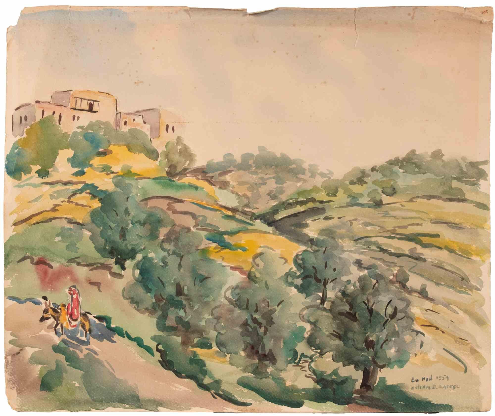 Watercolor on paper realized by William D. Raffel in 1959. Hand signed and dated lower right.

Good condition with signes of time on edges.

Ein Hod is an artists’ village located in northern , on the slopes of , near the city of Haifa.

It
