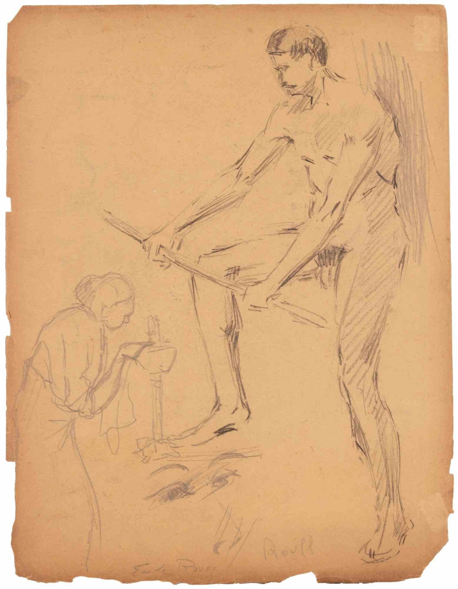 Portrait - Drawing by Emile Rouff - Mid-20th Century For Sale 1