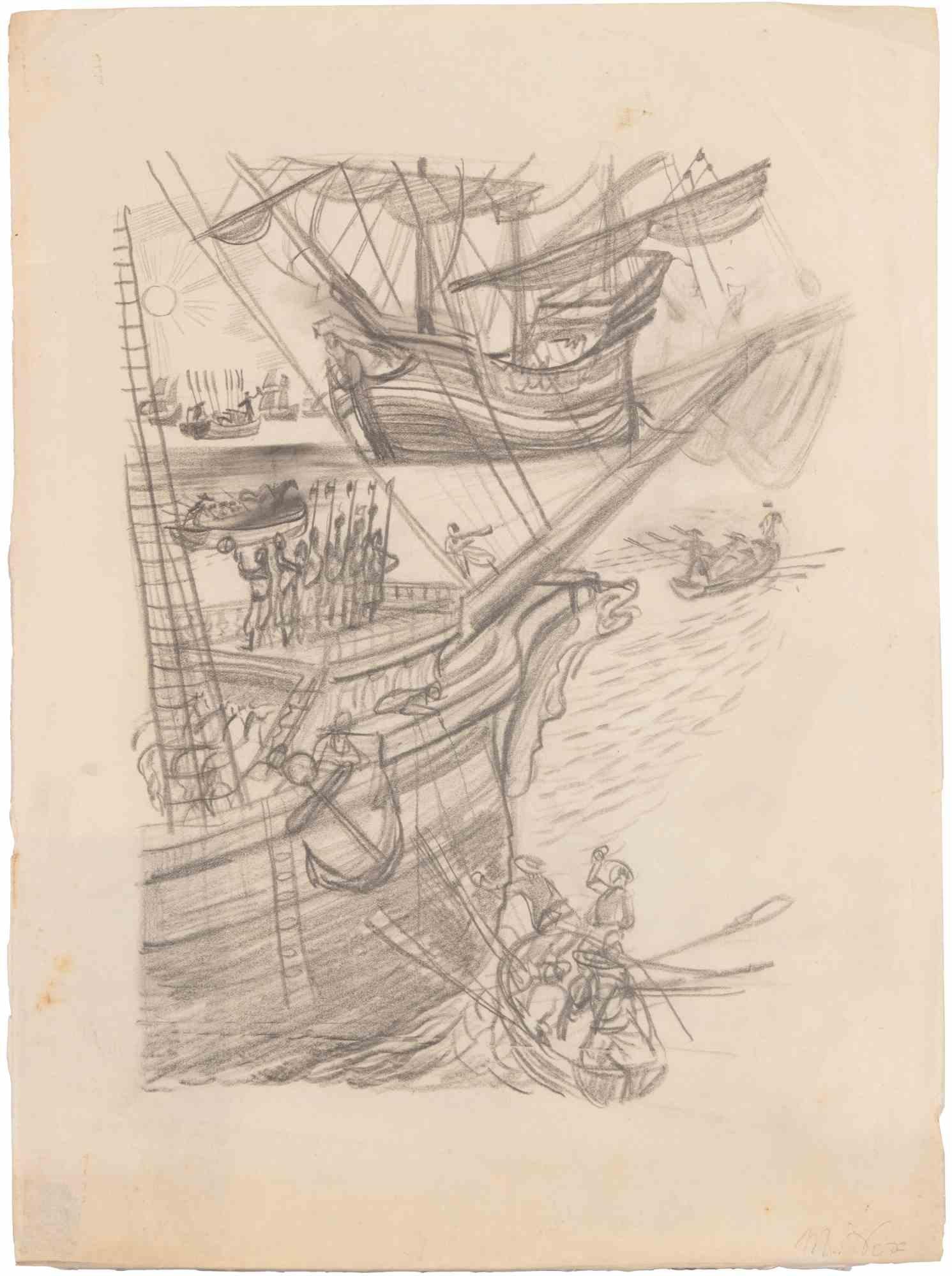 Schiffe und Matrosen - Zeichnung von Maximilien Vox - Mitte des 20.