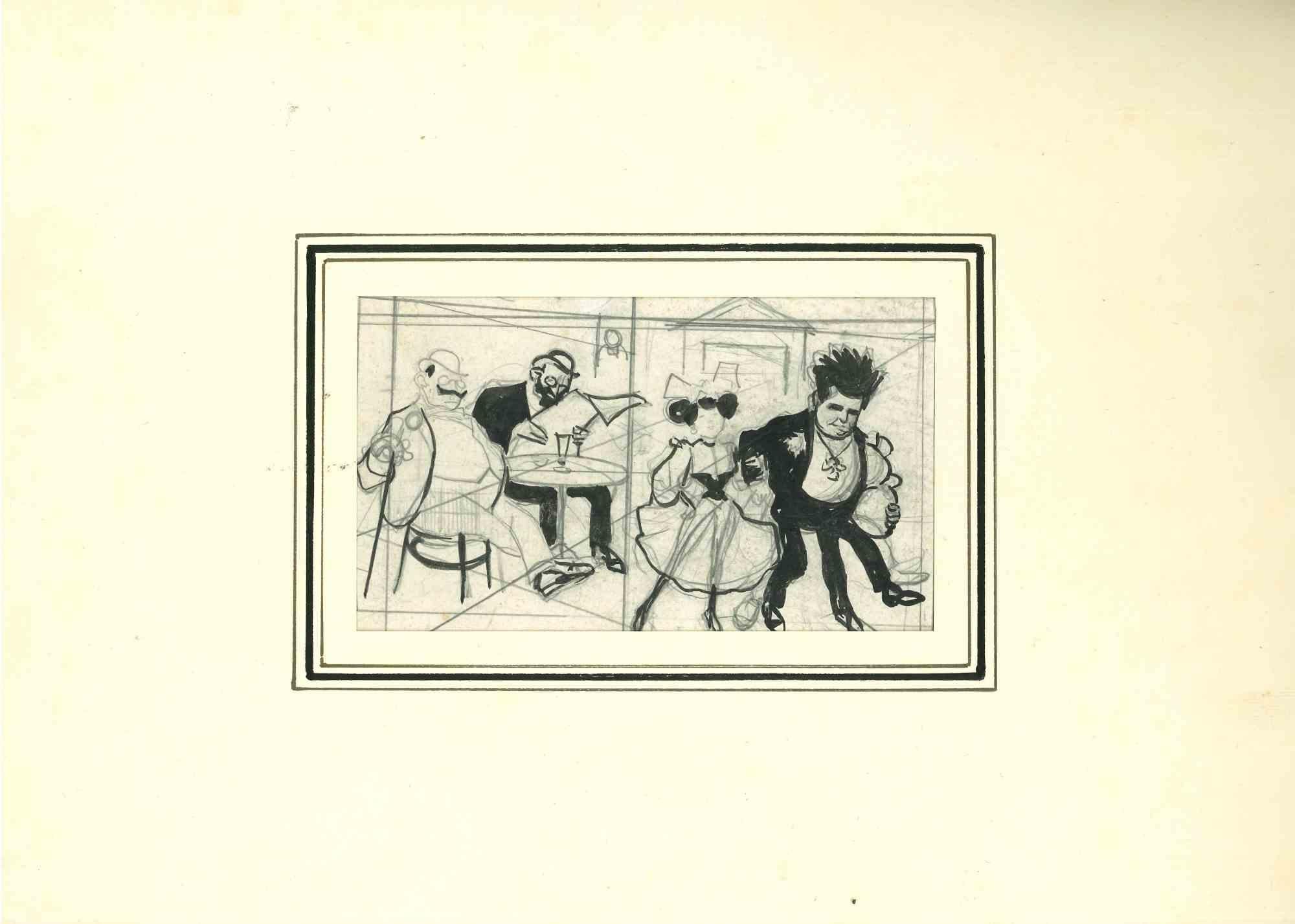 Sketch at the Café - Drawing by Gabriele Galantara - Early 20th Century