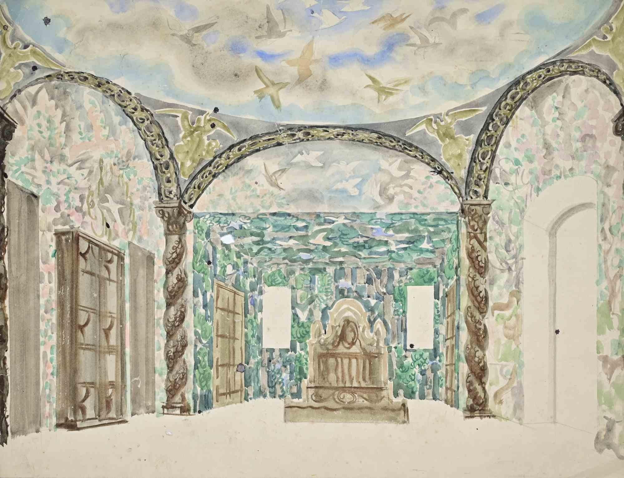 Unknown Figurative Art - Rococo Boudoir - Drawing - Mid 20th Century