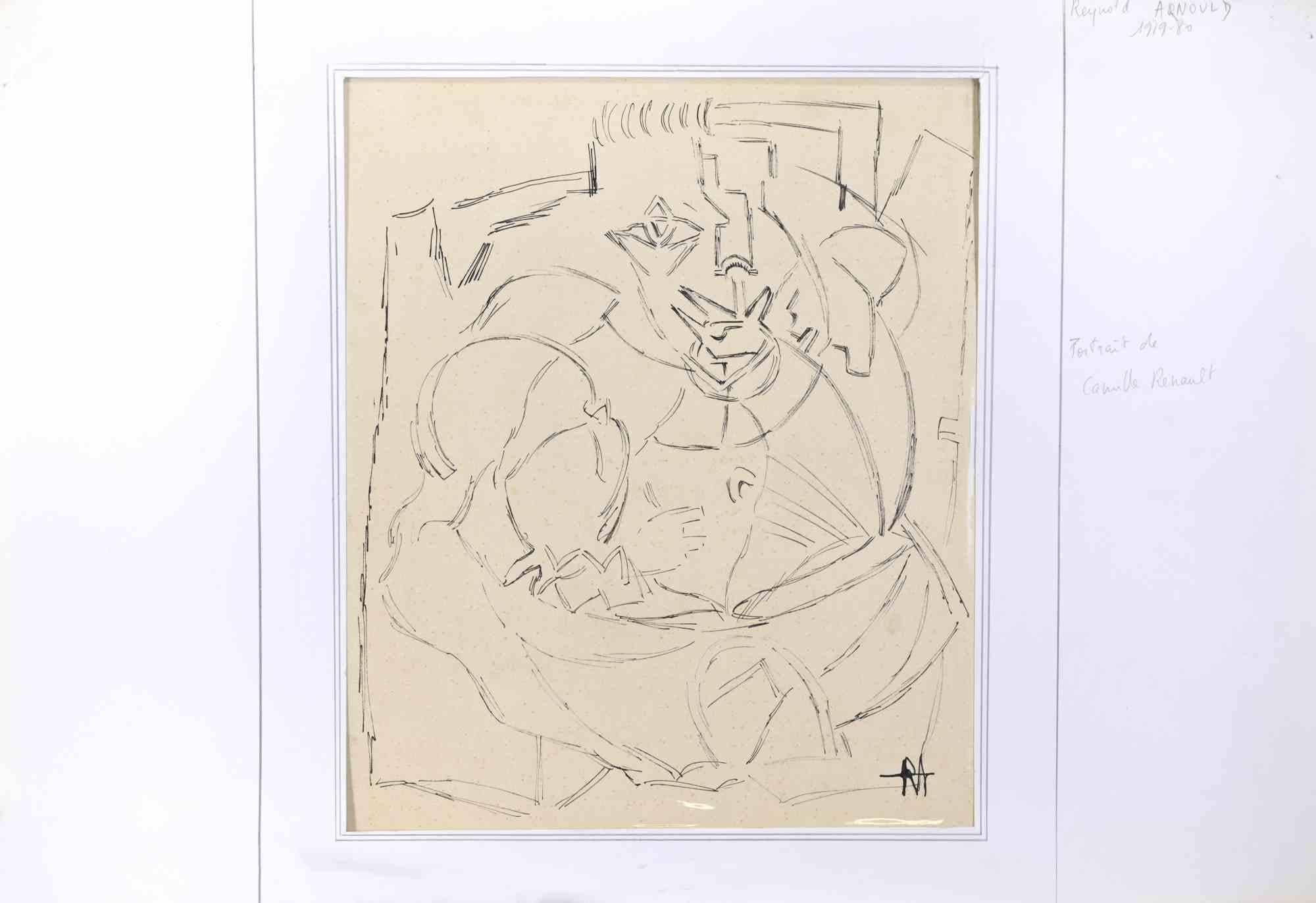 Ritratto di Camille Renault - Disegno di Reynold Arnould - Metà del XX secolo in vendita 1