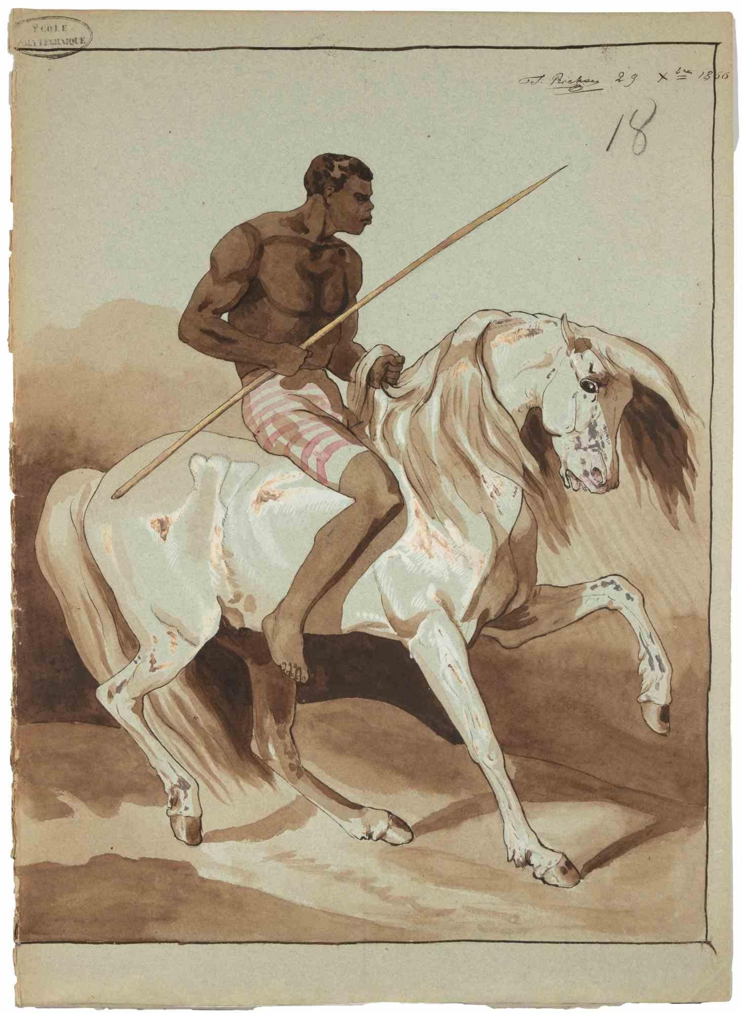 Aquarell und Tinte auf Papier, oben rechts handsigniert und datiert 29. Dezember 1856.

Eine eindrucksvolle Komposition, die einen afrikanischen Reiter auf einem weißen Pferd zeigt, der einen Speer hält und einen einfachen gestreiften Lendenschurz