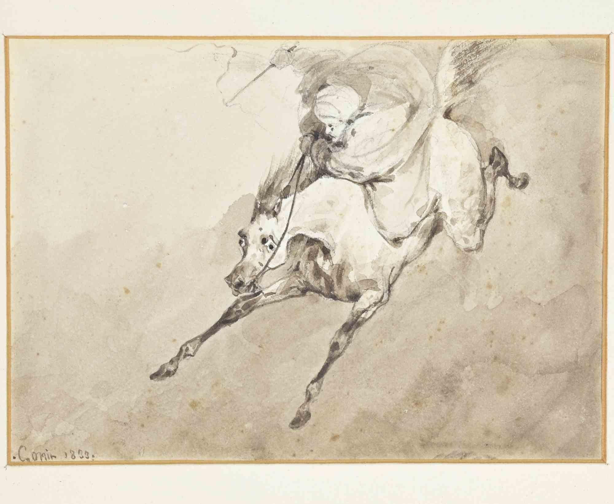 Pencil, ink and watercolor drawing realized in 1833.

Attributed to Francesco Gonin, as an early drawing in orientalist style.

Hand signed and dated.

Includes a gilded wooden frame.

Good condition.

Francesco Gonin (1808–1879)
Italian painter and